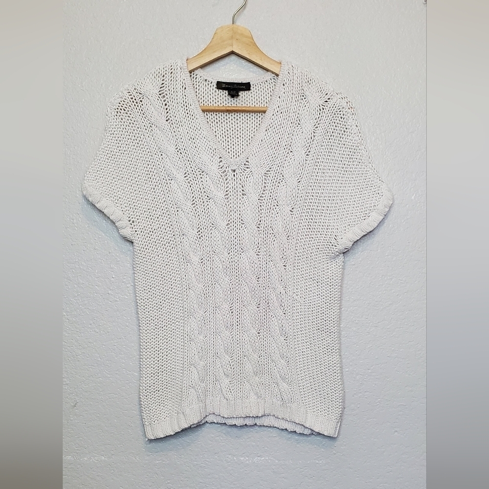 💚5/$25 Tommy Bahama Women's White Cotton Short Sleeve Cable Knit Sweater